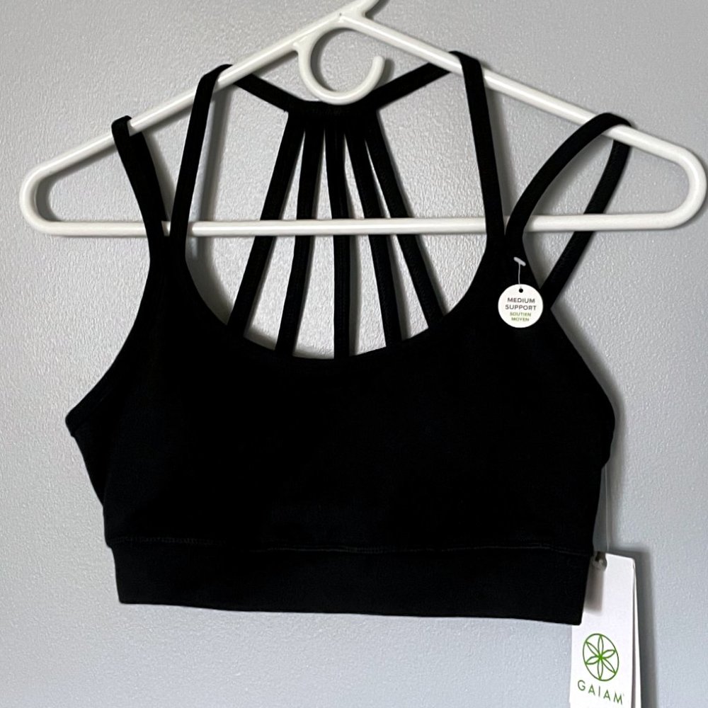 NEW! GAIAM Liv Strappy Sports Bra Solid Black - Medium Impact, Yoga, Athleisure